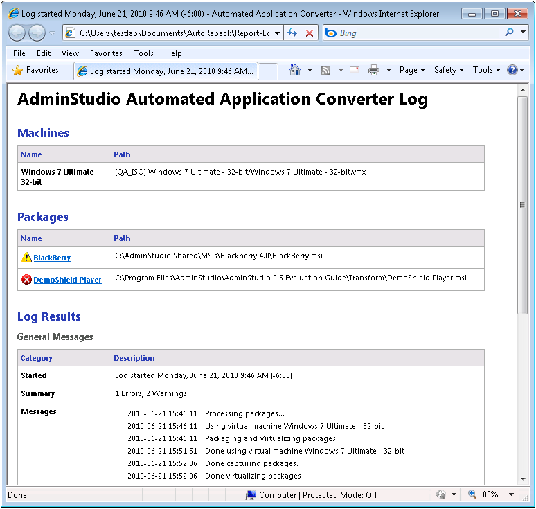 AdminStudio Automated Application Converter Log Report