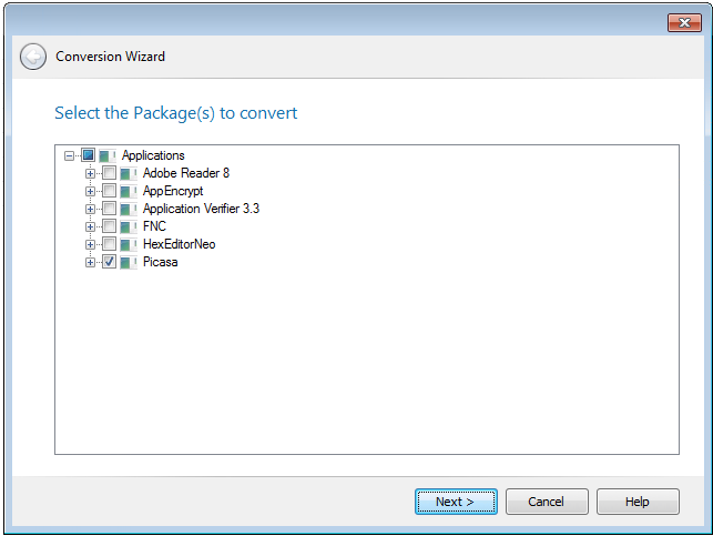 Conversion Wizard / Select the Package(s) to Convert Panel