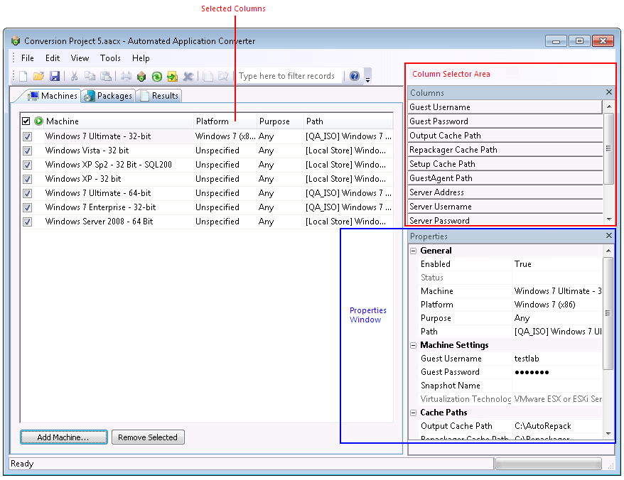 Column Selector Area on the Machines Tab